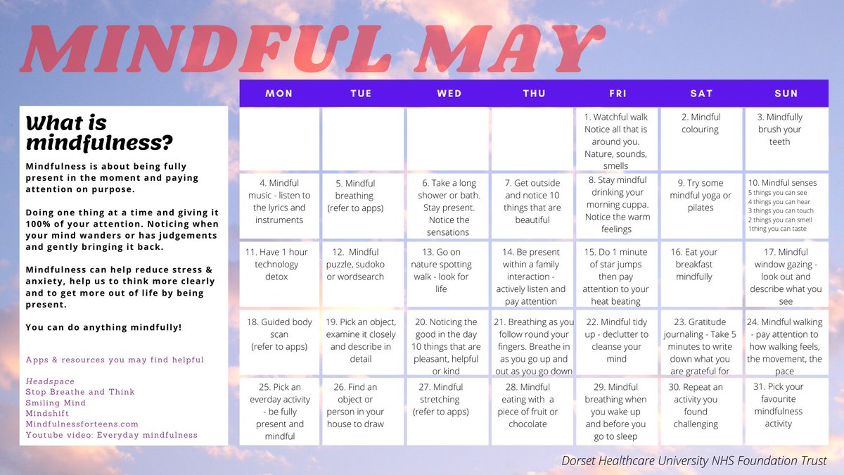 DorsetCAMHS's tweet photo. Our brilliant Children's Wellbeing Practitioners have created this calendar for #MindfulMay. See if you can complete the challenge?
@DorsetHealth #wellbeing #mindfulness #mentalhealth #camhs #tryeveryday #emotionalhealth https://t.co/9S6jzjRn0j