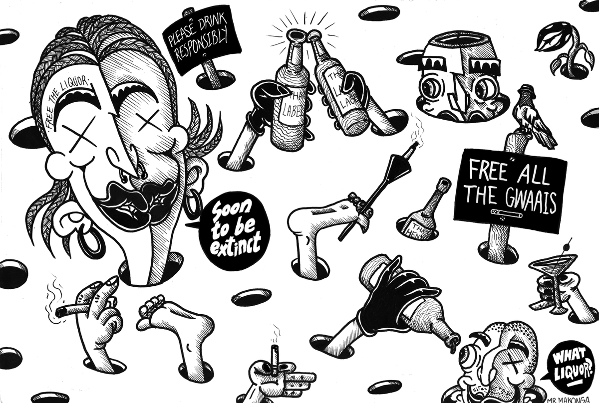mrmakongaSA's tweet photo. To the vices locked up &amp; serving time, your people are not coping. Send help.

#lockdownsouthafrica #stayhome #addiction #vices #signthepetitionsa #print #artist #art #artwork #design #illustration #style #drawing  #cigarettes #liquor #alcohol #campaign #mrmakonga #southafrica https://t.co/UNgJ1pmKvT