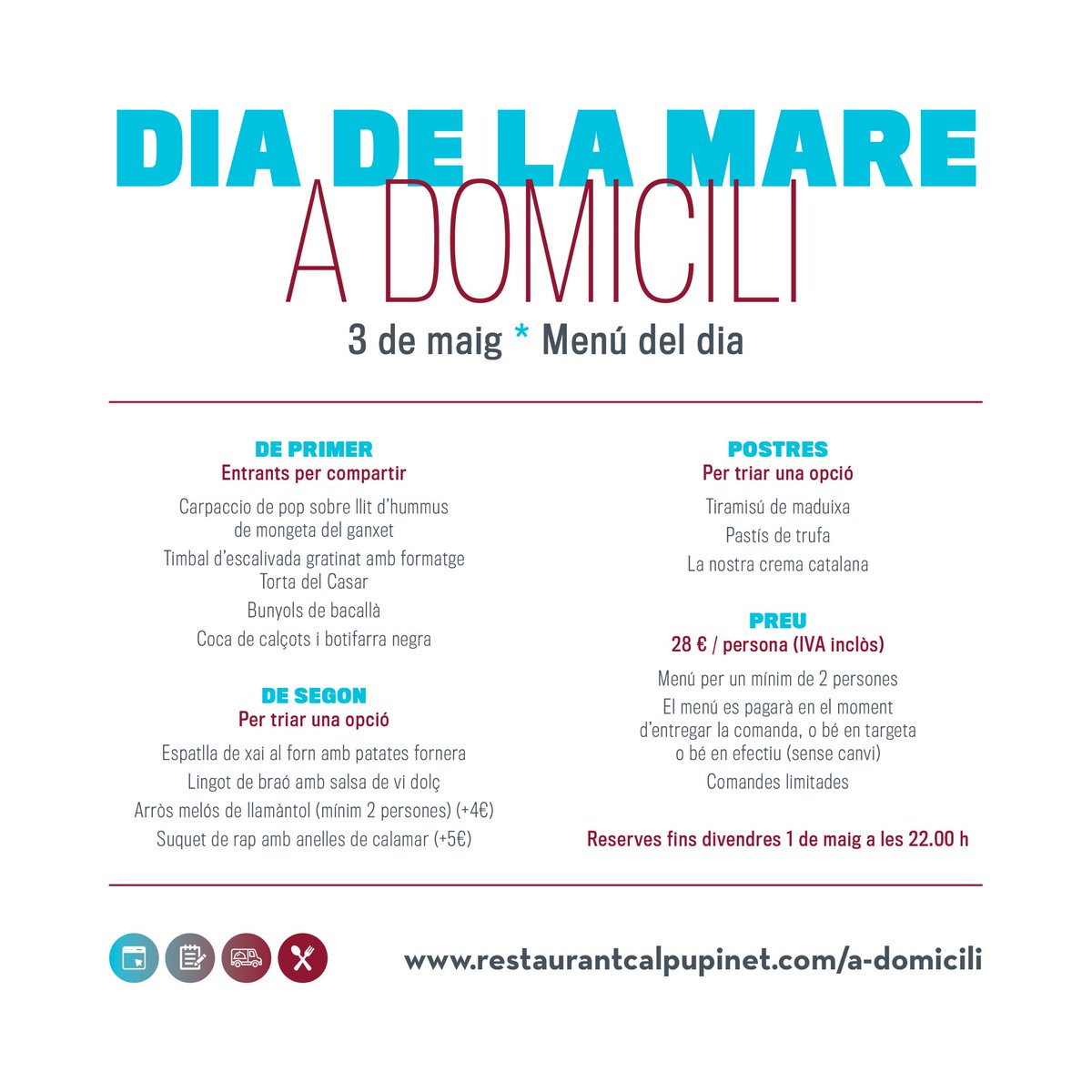 calpupinet's tweet photo. Aquest és el menú a domicili que us hem preparat pel dia de la mare. Us recordem que podeu fer la reserva del vostre menú fins divendres 1 de maig a les 22.00 h a https://t.co/iHzHDFx7uJ. #CalPupinet #serveiadomicili #menjaradomicili #castellbisbal #elpapiol #molinsderei https://t.co/TmC0xwpS7j