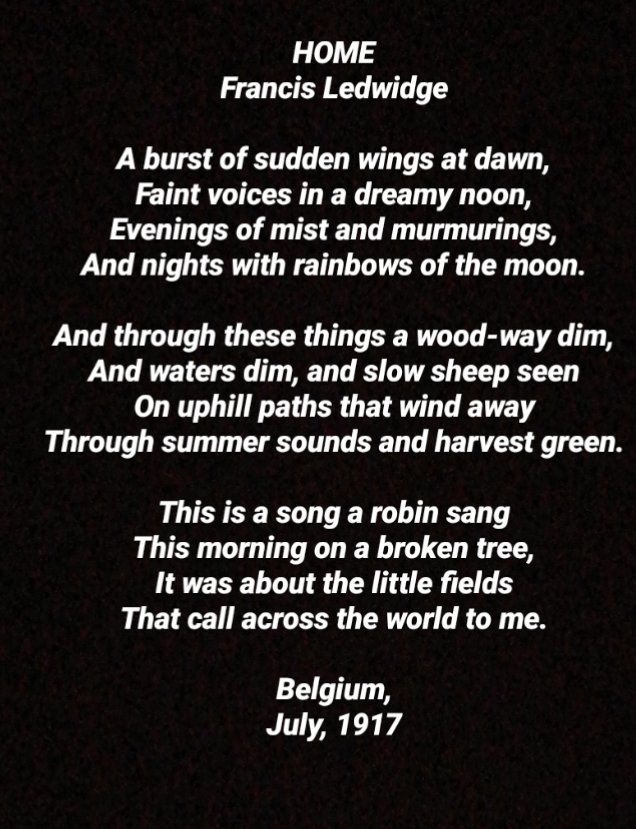 IRMilitaryStory's tweet photo. Home by Ireland's soldier poet Francis Ledwidge is
our contribution to #PoetryDayIreland today. He died in an explosion during battle of Passchendaele on July 31 2017. He is buried in Boezinge Belgium.
#PoetryDayIRL #CountyMeath #WWI #Heritage #History #Ledwidge https://t.co/rwbxKuxzYB