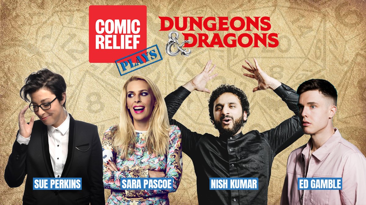 Elves, warlocks and… Comedians? Join @MrNishKumar, @sueperkins, @EdGambleComedy & @sarapascoe as they delve into the imaginary world of Dungeons & Dragons for Comic Relief. Live on @WeAreTiltify, you vote in polls to influence their quest! 8th May 7PM comicrelief.com/dnd