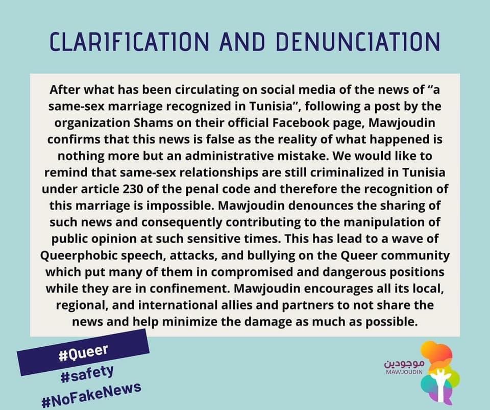 LGBTJordan's tweet photo. Thank you #Mawjoudin organization for the clarification on the recognition of same sex marriage in Tunisia.
#LGBT #Queer #LGBTQ #LGBTmena https://t.co/92rYCPkJpI