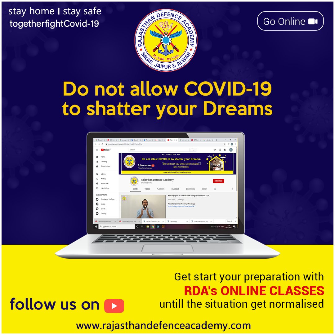 DefenceCollege's tweet photo. Do not allow the COVID-19 to shatter your dreams.
Get start your preparation with RDA's online classes while staying at home.
Subscribe: https://t.co/lreXRWKeKo
#RajasthanDefenceAcademy #DontShatterYourDreams #StartPreparation #OnlineClasses #FightCorona #YouTubeClasses https://t.co/EgHpqtJsXU