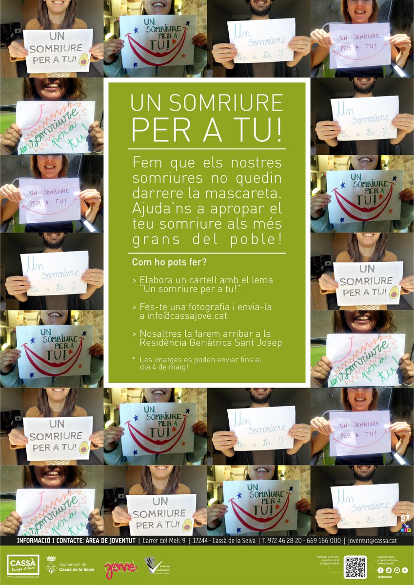 CassaJove's tweet photo. Ajuda'ns a fer arribar el teu somriure als més grans del poble.
✔️Durant aquest pont elabora un cartell amb el lema "Un somriure per a tu!"
✔️Fes-te una foto i envia-la a info@cassajove.cat. Nosaltres la farem arribar a la Residència Geriàtrica Sant Josep.
@ajcassa  #CassàJove https://t.co/a6ze96RBY9