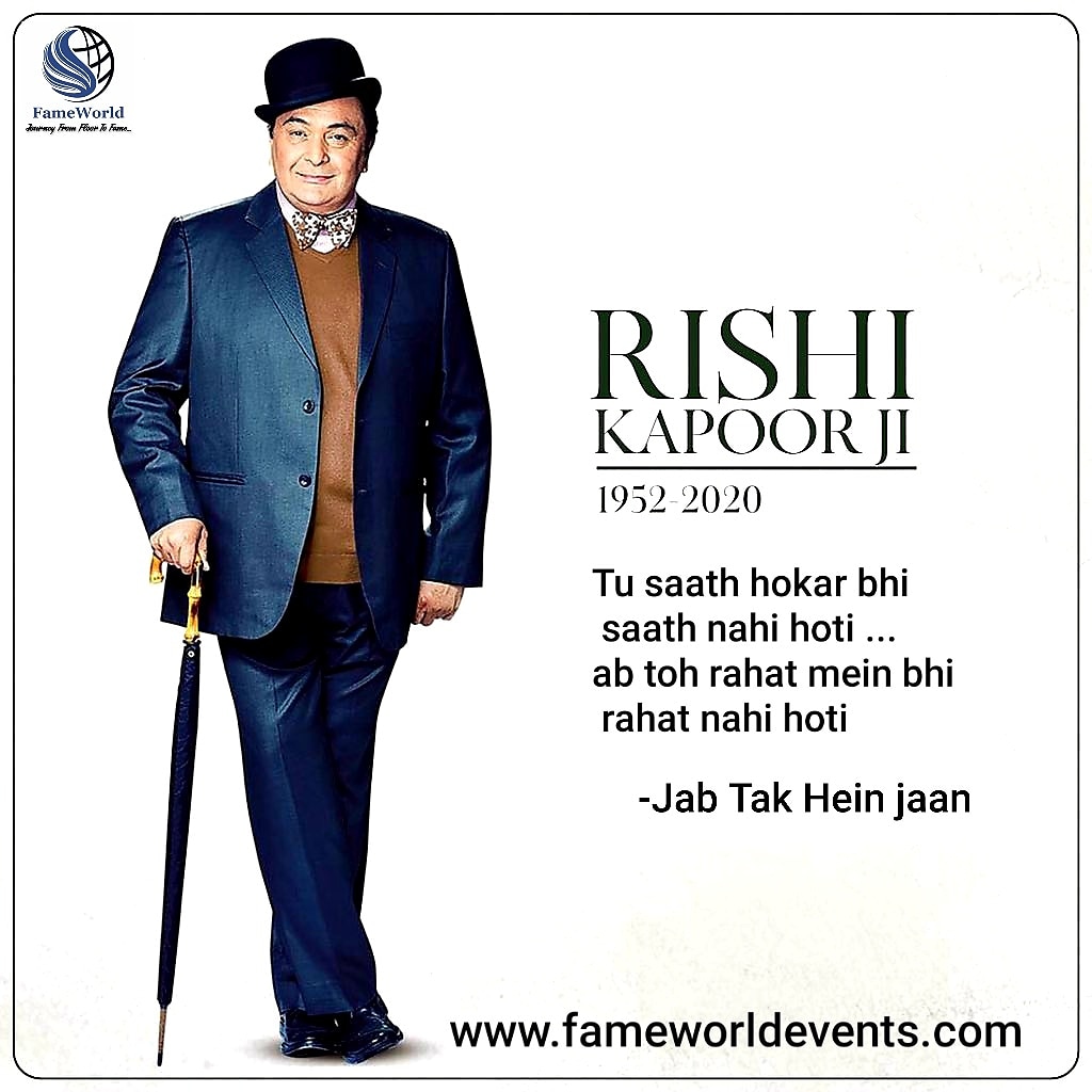 fameworldevents's tweet photo. @chintskap untimely demise is shocking. An evergreen personality with an always smiling face, he was so full of life that it's difficult to believe that he is no more. Let us pray for his soul. Condolences to his family and friends.#RIPRishikapoorji #RishiKapoorrip https://t.co/EOMrQMmelA