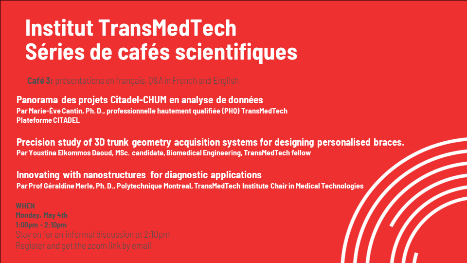 transmedtech's tweet photo. Une PHQ, une étudiante et une titulaire de chaire de recherche #TransMedTech lundi prochain 4 mai: science des #données au CHUM, #3Dscans & corsets personnalisés, #nanostructures. Inscription: https://t.co/9wOSAjdcRV
#womenintech #ApogéeCanada https://t.co/c91mZKyZWj