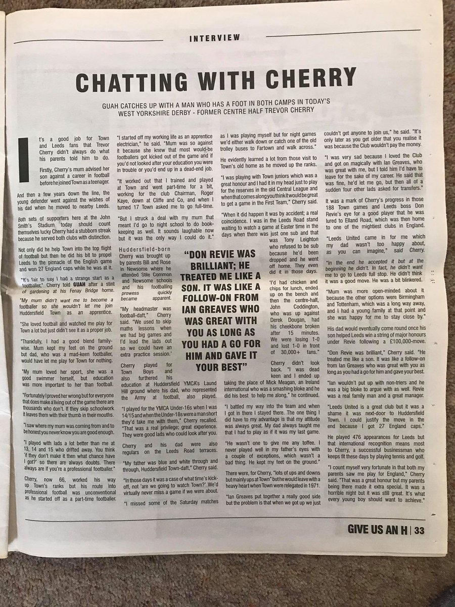 RobStewart_'s tweet photo. It was an honour speaking to Huddersfield boy-done-good Trevor Cherry for the @htafc programme. So I'm very grateful to my good friend and @LUFC fan @marcusnoble23 for sharing a copy of the interview with me today because it was a real labour of love #RIPTrevorCherry https://t.co/r7CL2GQfZY