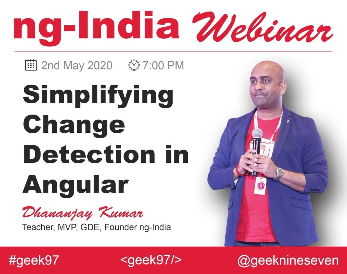 debug_mode's tweet image. 📢 Join free #ngIndia webinar ❤️
Topic👉Change Detection in #Angular✍️
When👉Saturday 2nd May 2020, 7 PM IST ⏲️
Teacher👉 @debug_mode 🤓
RSVP -
meetup.com/Geek97/events/…
Live Stream: youtube.com/c/geek97
#ngIndiawebinars #geek97
Details 👇