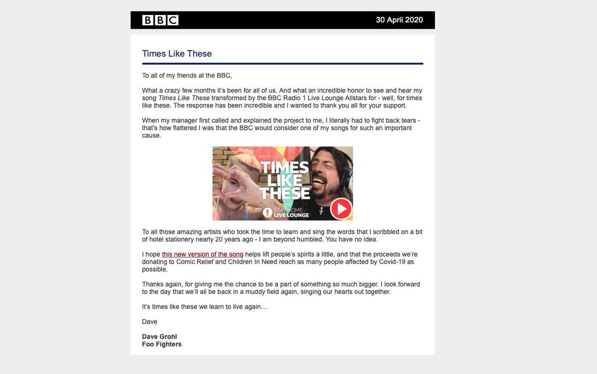 FooFightersUK's tweet photo. Email sent to all BBC employees today, from Dave Grohl https://t.co/Q0Lc1U55Ft