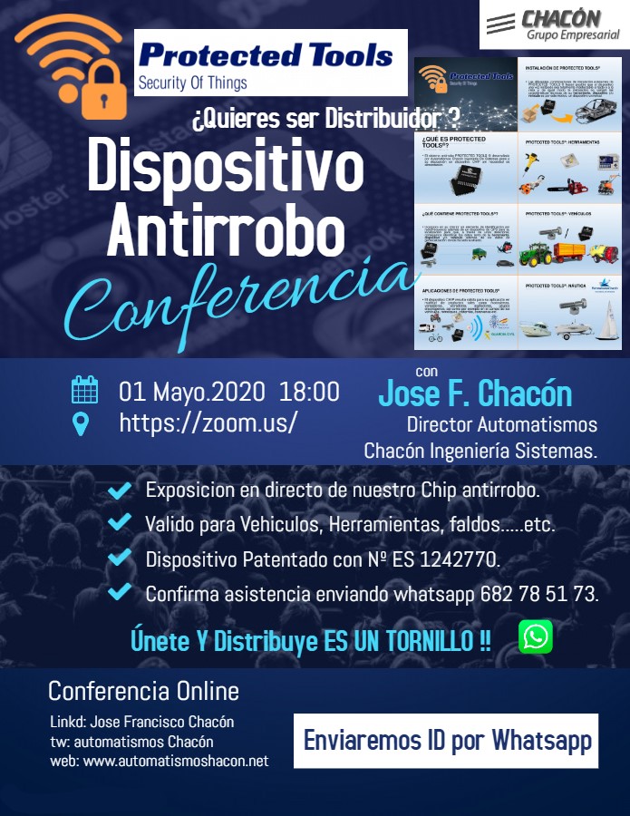 Aut_Chacon's tweet photo. CONFERENCIA!!

🔴 Aún no conoces Protected Tools?
🔴 Quieres saber en que consisten nuestros Chips-Antirrobo?
🔴 Te gustaria poder comercializarlo?
No esperes más, unete a nuestra conferencia y podrás conocer de primera mano todos los benificios que podrás ofrecerle a tus cliente https://t.co/JcYzlCvqKc