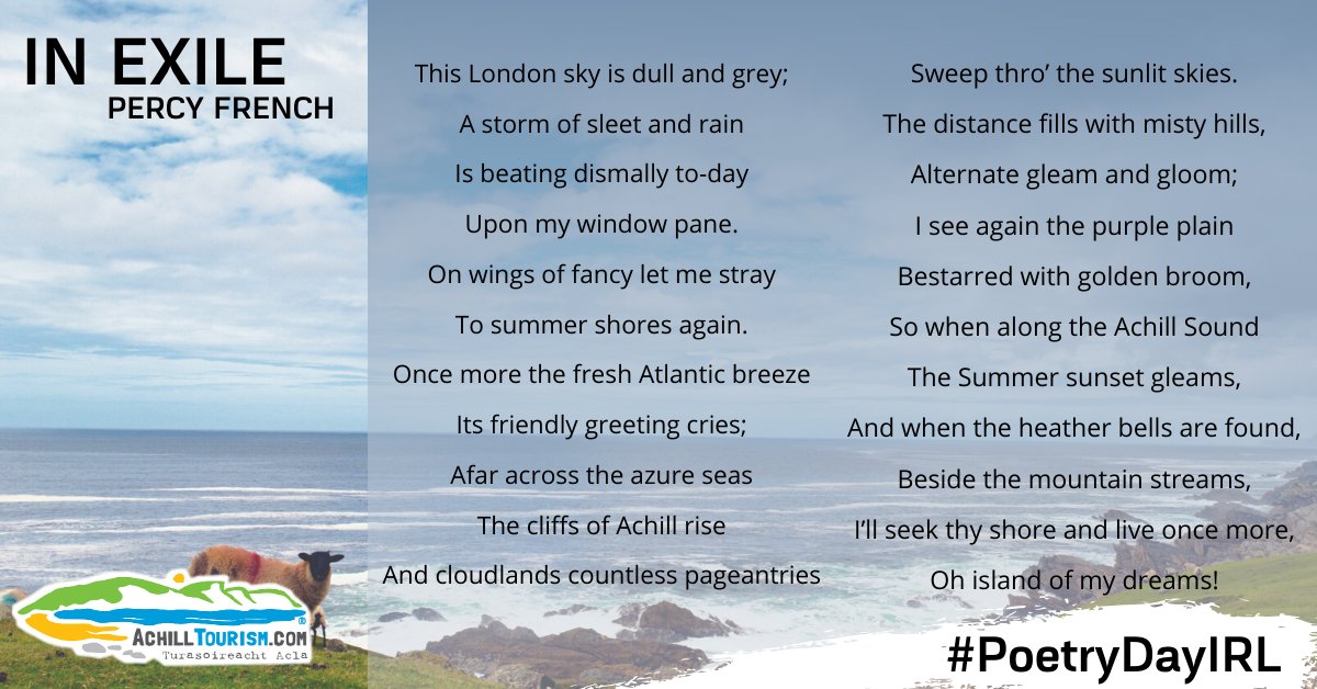 achilltourism's tweet photo. Today is Poetry Day Ireland!
To celebrate, we thought it would be nice to share this beautiful poem In Exile by Percy French.
#PoetryDayIRL #AmazingAchill https://t.co/smtWcAT7gD