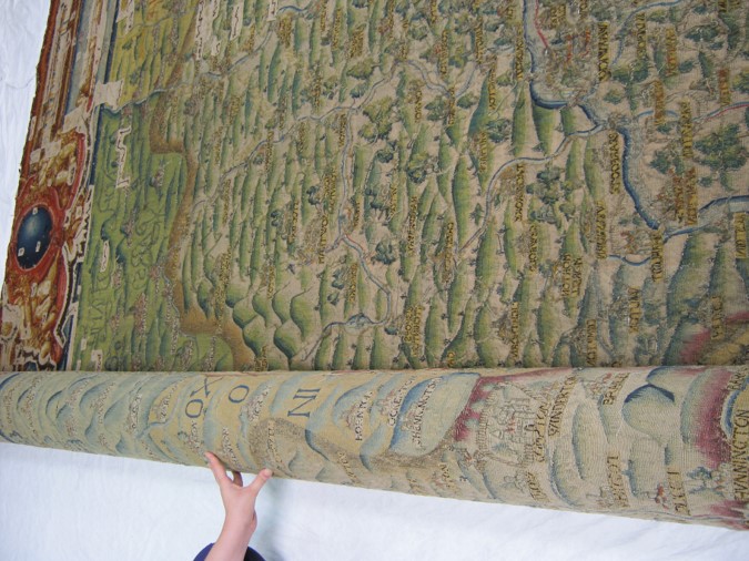 OisinTheDeer's tweet photo. #7 Colour Revelations: During conservation in 2011, the linen backing to the Sheldon Tapestry Map of #Warwickshire was removed, which gave us the chance to see the original colours. #ColourFading #MuseumFromHome #CultureInQuarantine @bbcarts https://t.co/NiUWhs8G8x
