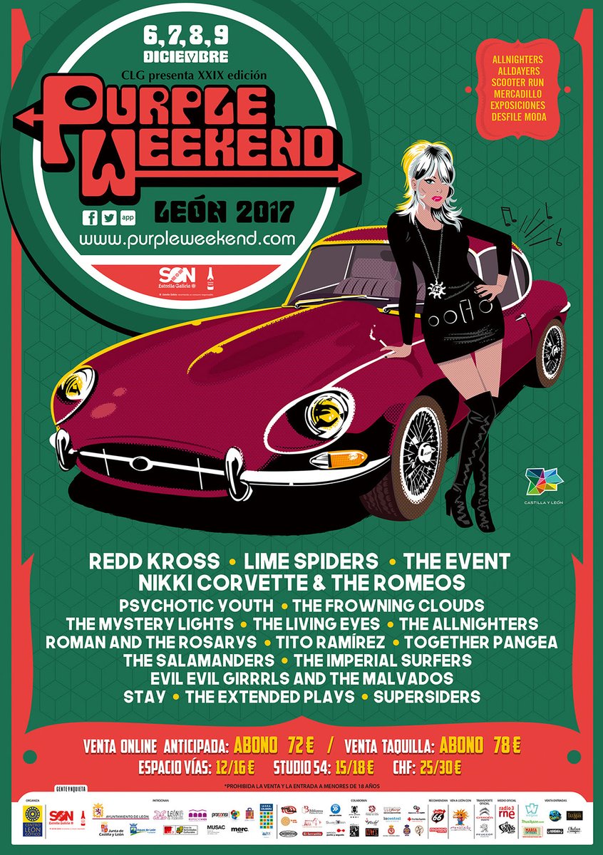 Elpurpleweekend's tweet photo. En la edición de 2017 también disfrutamos de una gran y ecléctica selección de bandas: #RedKross, Lime Spiders, #TheEvent, @NikkiCorvette and @theromeos, #TheMysteryLights, #RomanandtheRosarys, @PsychoticYouth, #TheLivingEyes...
#mods #purpleweekend #music https://t.co/b19PJcwPXj