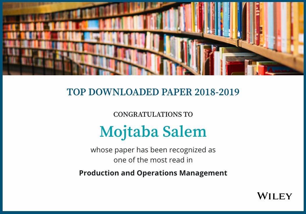 DrMojtabaSalem's tweet photo. A motivating news to share: My paper with prof @NielsQuaquebeke &amp; @MariaBesiou is among top 10% most downloaded scientific papers in 2018-2019 at Production &amp; Operations Management. It's (https://t.co/J7vQgMv5F0) open access, so feel free to read, download, &amp; share 🙂
@THE_KLU https://t.co/iUPMC6e2KJ