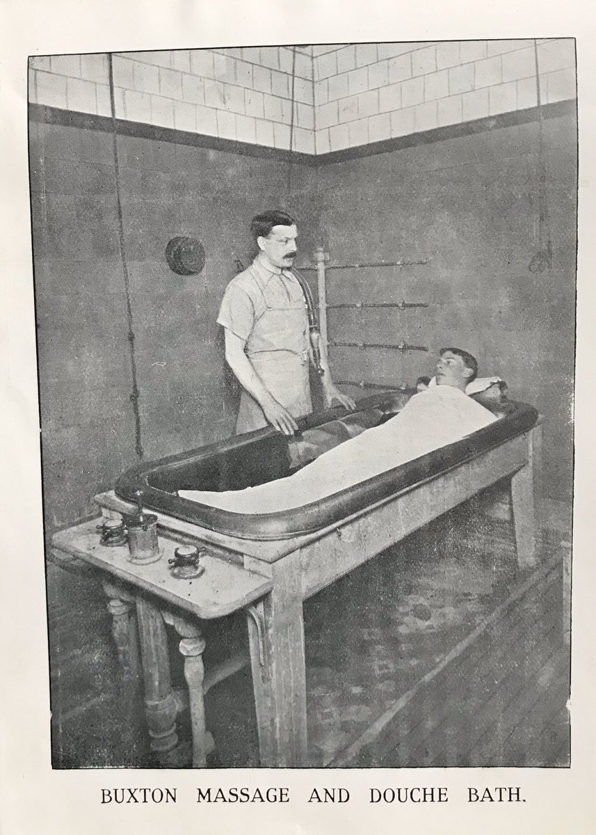 The Douche uses various types of hoses and nozzles and treatments vary in temperature and pressure according to the type of complaint being treated. Special applications to particular parts of the body or internal organs are available including gastric douches.