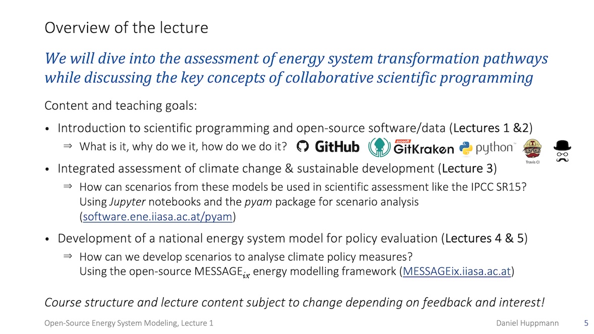 daniel_huppmann's tweet image. Held my first online lecture last week!

Slides &amp;amp; #recording of lecture 1 from my course &quot;#opensource #energysystem #modelling&quot; at @tuvienna available under #CC_BY at data.ene.iiasa.ac.at/teaching/

Talking about #bestpractice of collaborative #scientificsoftware, #FAIRdata, git &amp;amp; more!