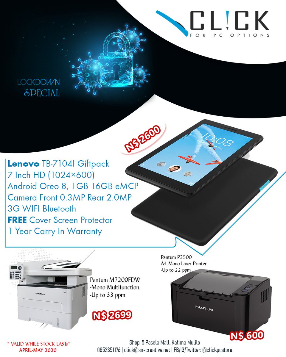 sliswaniso's tweet image. Get yourself Lenovo tablets for e-learning and Pantum printers this #lockdown for N$2600
Contact 0852351176
.
#Windhoek #clickpcstore #katimaMulilo #namibia #lenovo #pantumprinters #elearning #twitterKM