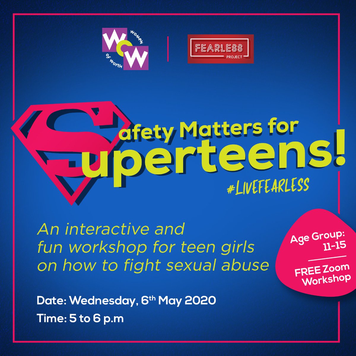 Dear Parent, the Fearless Project by Women of Worth invites your teenage daughter(s) between the ages of 11-15 to a FREE ZOOM workshop to empower them against sexual abuse & online safety SAFETY MATTERS on WEDNESDAY, 6th May, 5-6pm To register your child forms.gle/zFGkYaWHGQsPhn…