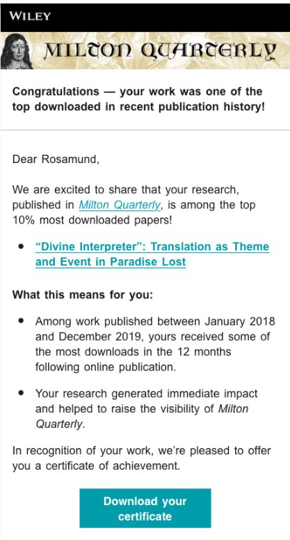 Look what I got today! I know probably loads of people get these, but I still feel chuffed. And, yes, of course I downloaded the certificate! 😂 #Milton @UOP_EngLit <a href="/PortsEngLitSoc/">UoP English Lit Soc</a>