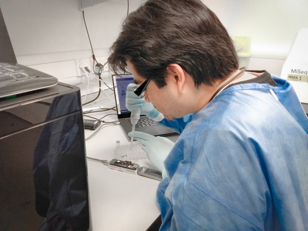 CVR_Genomics's tweet photo. Real-time @nanopore #SARSCoV2 sequencing @CVR_Genomics is only possible with the massive efforts and support of our superusers. Here we have @ElihuAranday loading the MinION and @kirstynbrunker loading the GridION. Thank you SO much! #sequencingninjas #clapforkeyworkers 👏 https://t.co/nJr1ejASVd