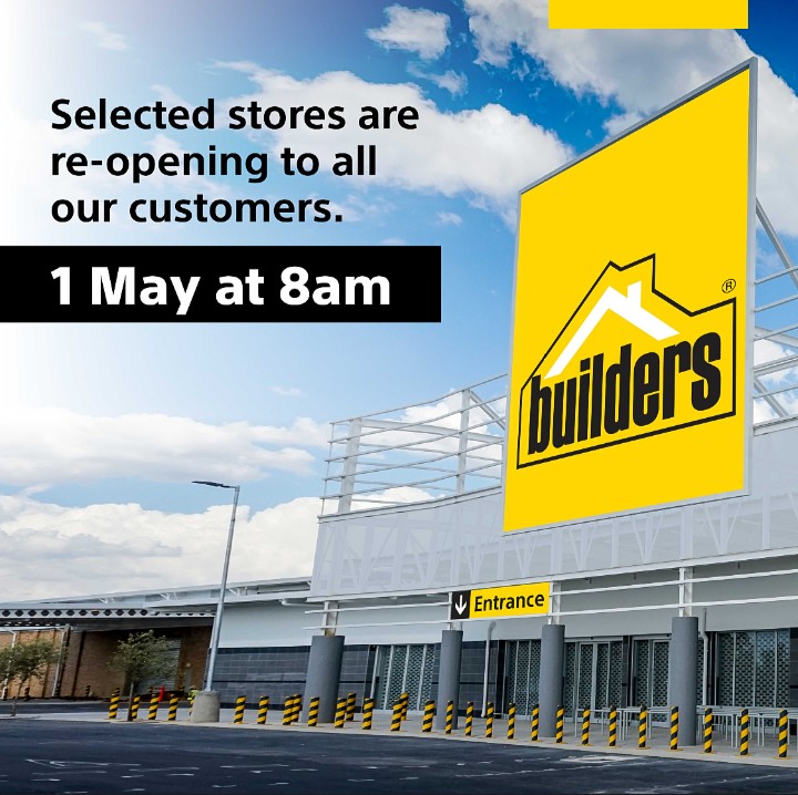 BuildersSA's tweet photo. We've missed you as much as you've missed us! Tomorrow selected stores will open from 8-3pm. Social distancing will be implemented at our stores. Stay Safe, Shop Online, Click &amp; Collect from store.

For more info click here: https://t.co/GtoGRKCpO4 https://t.co/V2sfkgQvZS