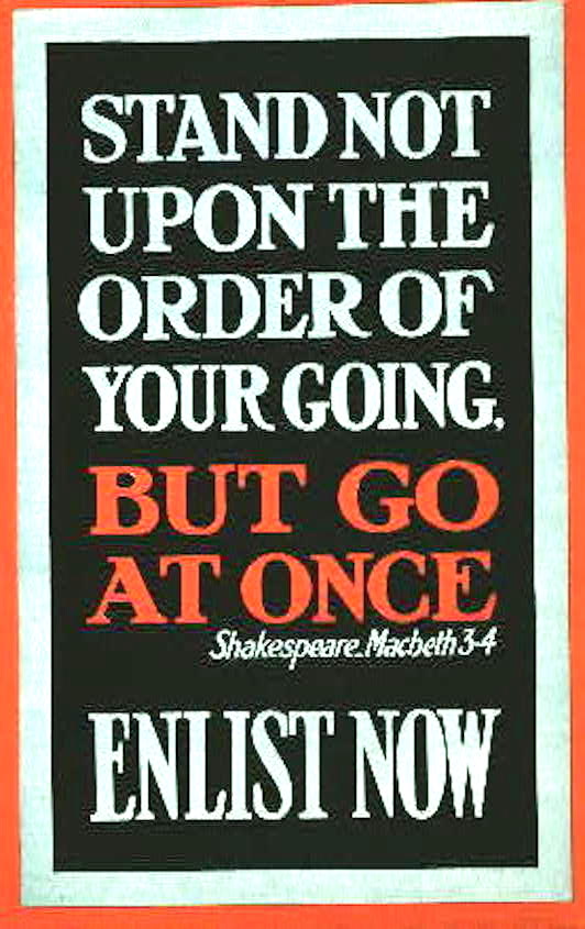 fossroger's tweet image. April 1916: Shakespeare Centenary year productions enlist Shakespeare for the war effort, but his words were khaki-clad almost from day one of war, especially for recruiting campaigns.
@TheHistoryPress 
@jykp 
@FWWLives