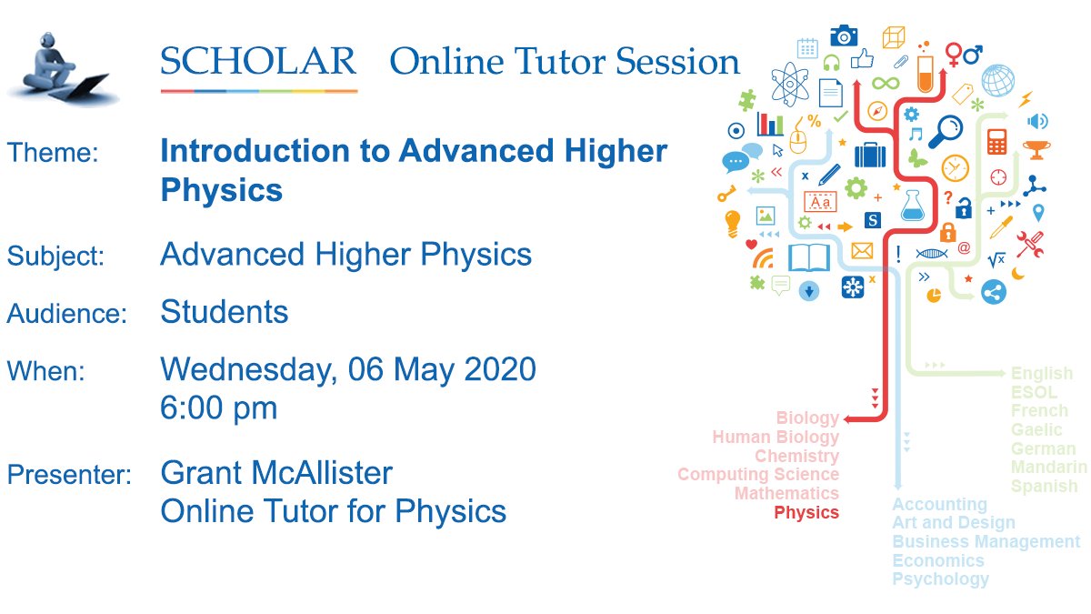 ScholarUK's tweet photo. Moving on to Advanced Higher Physics?
Join us today at 6:00 pm, Wednesday 06 May
https://t.co/7CVsGr11IA
#AdvancedHigherPhysics #supportingyourlearning https://t.co/Z78sFCulcx