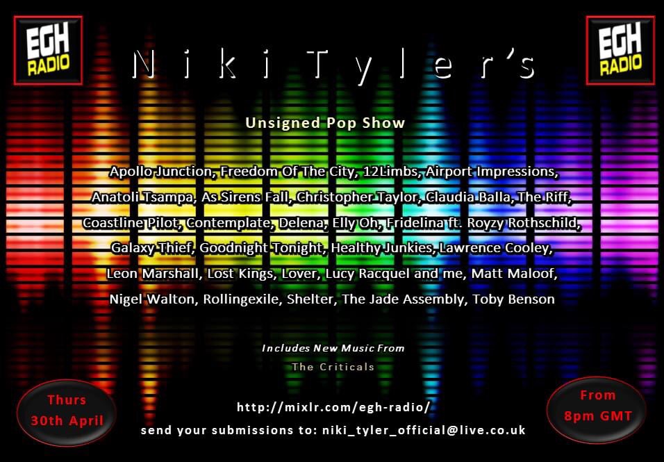 Niki Tyler Official (@nikityler1) on Twitter photo Playing on my <a href="/EGHRadio/">EGH Radio</a> pop show tonight <a href="/ellyohmusic/">Elly Oh</a> <a href="/sucrepop/">Sucrepop</a> <a href="/12Limbs/">12 Limbs</a> <a href="/ApolloJunction/">Apollo Junction</a> <a href="/AnatoliTsampa/">Anatoli K. Tsampa</a> <a href="/wearelostkings/">Lost Kings</a> #Shelter <a href="/LoverTheBand/">Lover</a> <a href="/GnightTnight/">Goodnight Tonight</a> <a href="/GalaxyThiefBand/">Galaxy Thief</a> @Air_Impressions <a href="/assirensfall/">AS SIRENS FALL</a> <a href="/_delenaofficial/">Delena</a> <a href="/contemplatems/">Contemplate</a> <a href="/claudiasoffice/">Claudia Balla</a> @theriffmusic Playing on my <a href="/EGHRadio/">EGH Radio</a> pop show tonight <a href="/ellyohmusic/">Elly Oh</a> <a href="/sucrepop/">Sucrepop</a> <a href="/12Limbs/">12 Limbs</a> <a href="/ApolloJunction/">Apollo Junction</a> <a href="/AnatoliTsampa/">Anatoli K. Tsampa</a> <a href="/wearelostkings/">Lost Kings</a> #Shelter <a href="/LoverTheBand/">Lover</a> <a href="/GnightTnight/">Goodnight Tonight</a> <a href="/GalaxyThiefBand/">Galaxy Thief</a> @Air_Impressions <a href="/assirensfall/">AS SIRENS FALL</a> <a href="/_delenaofficial/">Delena</a> <a href="/contemplatems/">Contemplate</a> <a href="/claudiasoffice/">Claudia Balla</a> @theriffmusic