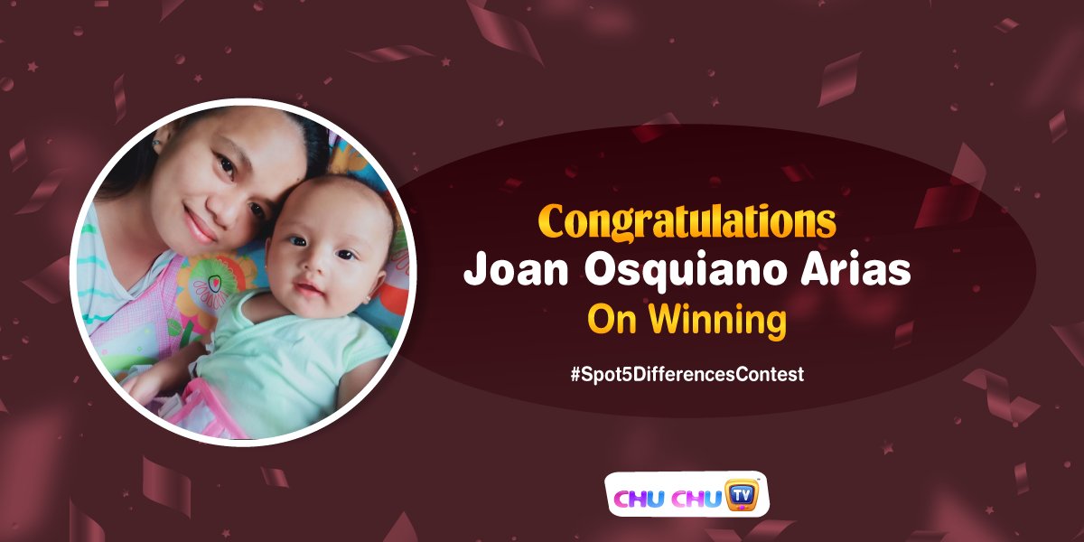 TheChuChuTV's tweet photo. We have our lucky winner for #SpotTheDifference, Joan Arias our Facebook Follower is the winner of this contest.
Hearty congratulations to you. We would like to say a big thanks to all our participants! - Team ChuChu TV
#ChuChuTv #ContestWinner #WinBig #Spot5Differences https://t.co/Jxp2CU7eU8