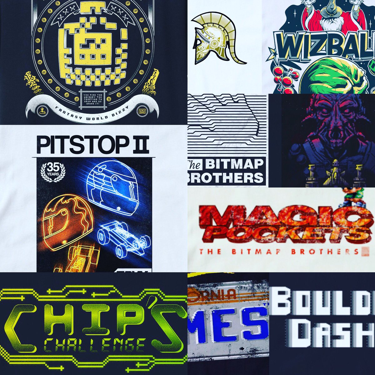 SquaredSeven's tweet photo. As per previous posts we canโt go full colour crazy but ALL black and white Tees can now be fulfilled. Be well https://t.co/rdYSbaXUOl #dizzy #gods #wizball #pitstop2 #bitmapbros #xenon #magicpockets #chipschallenge #californiagames #boulderdash and more #retrogamers #retrogaming https://t.co/Neo5AII3o7
