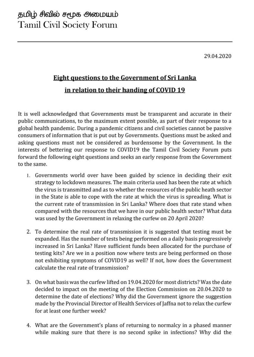 TamilCSF's tweet photo. Eight questions to the Govt of Sri Lanka in relation to their handling of #COVID19. https://t.co/cxHWxXFrPw
