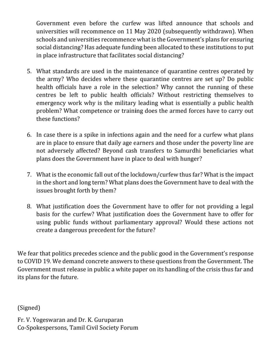 Eight questions to the Govt of Sri Lanka in relation to their handling of #COVID19.