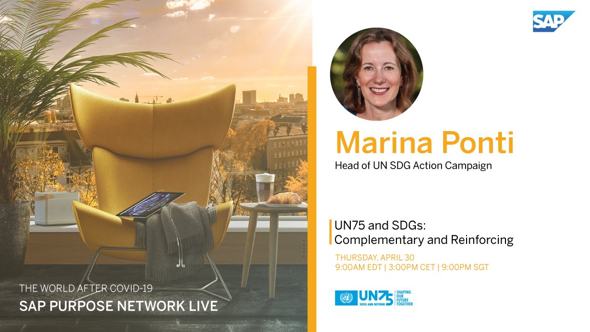 SDGaction's tweet image. ⏰ Join us LIVE in 1 hour at 9am EDT for @JoinUN75 discussion on #SDGs- Complementary &amp;amp; Reinforcing w/#SAPPurposeNetwork 

🔗 bit.ly/SAPNLregister

Our director @pontimari joins @rosenbergann @sapnextgen / @Lise_Kingo @globalcompact / 
@HamzyCODE #SDGawards
#ForPeopleForPlanet