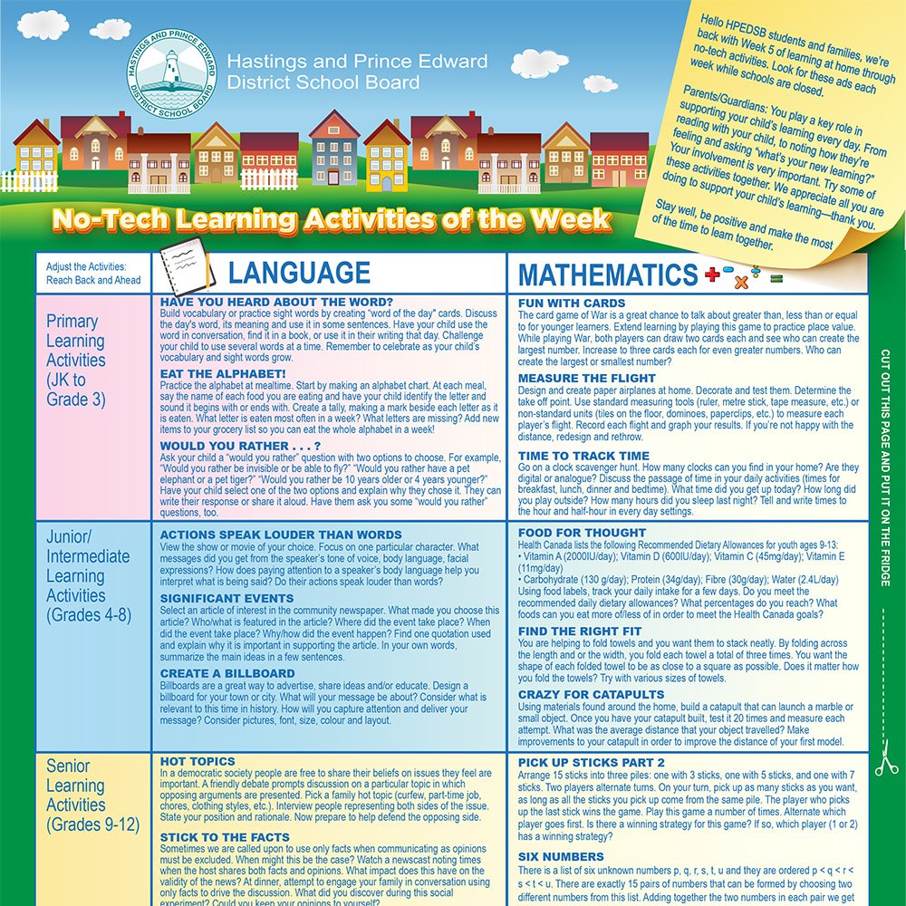 Looking for no-tech learning activities? Check community newspapers weekly for new activities <a href="/BancroftTWeek/">BancroftTWeek</a> <a href="/Community_Press/">The Community Press</a> <a href="/CntyWeeklyNews/">County Weekly News</a> <a href="/NapaneeBeaver/">The Napanee Beaver</a> <a href="/Gazettenews/">GOTHAM GAZETTE</a> <a href="/Trentonian/">The Trentonian</a> <a href="/WellingtonTimes/">The Times</a> Tweed News #HPEfamlearns #HPEfamshares #HPEfamstrong
