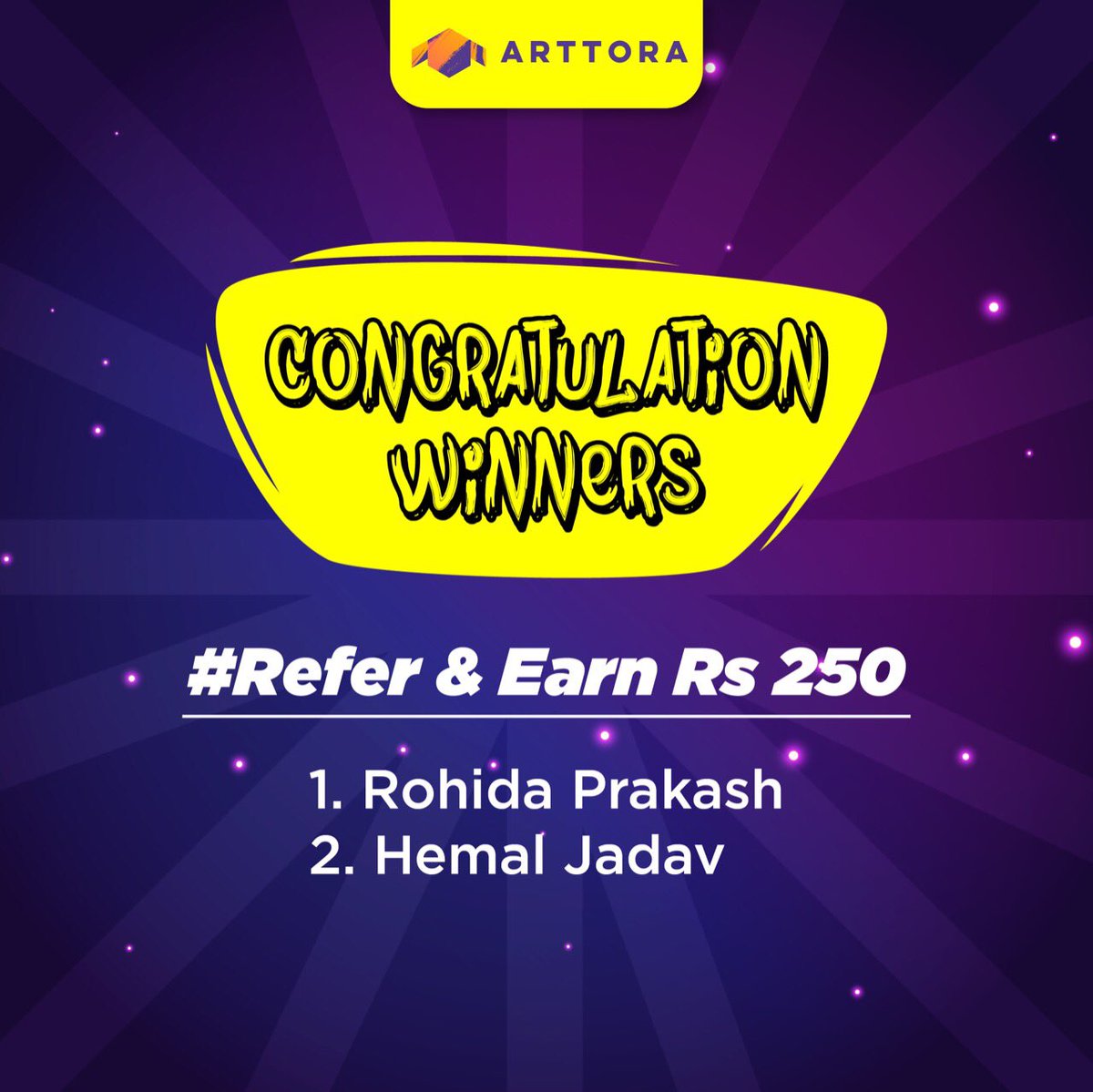Arttora_Global's tweet photo. Congratulations to the winners of refer and earn campaign.
The winners please DM us to claim your Amazon voucher.
GVs will be sent soon 

#referandearn #ContestAlert #ContestIndia #giveaways https://t.co/F7qRr3mYM9