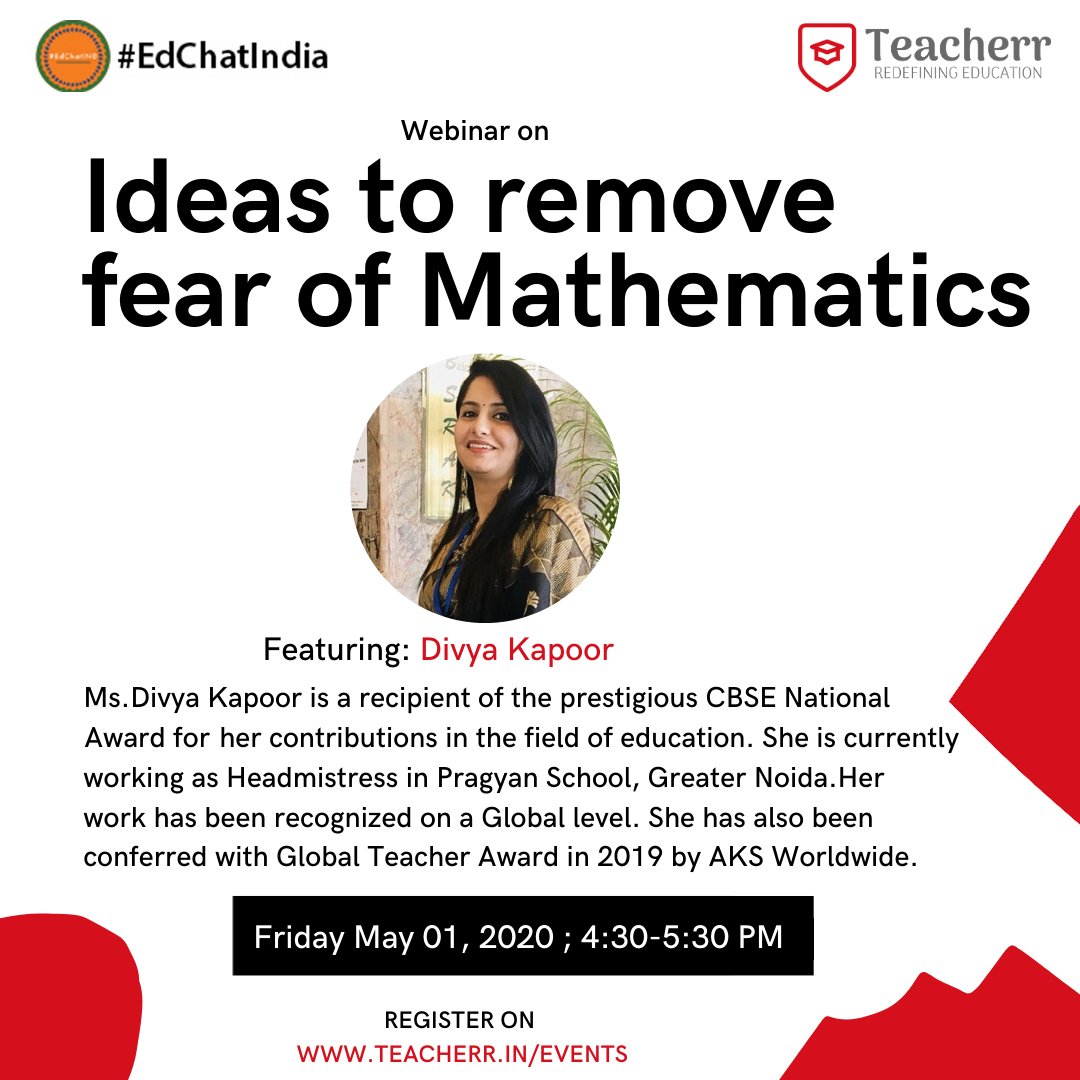 #NoLockdown4Learning
Join @DivyaKa42842603 for a webinar as she share her expertise on "Ideas to remove fear of mathematics " 

Mark your calendars
📅 1 May 2020
⏲️ 4:30- 5:30 pm IST

Register here⬇️
teacher.in/events