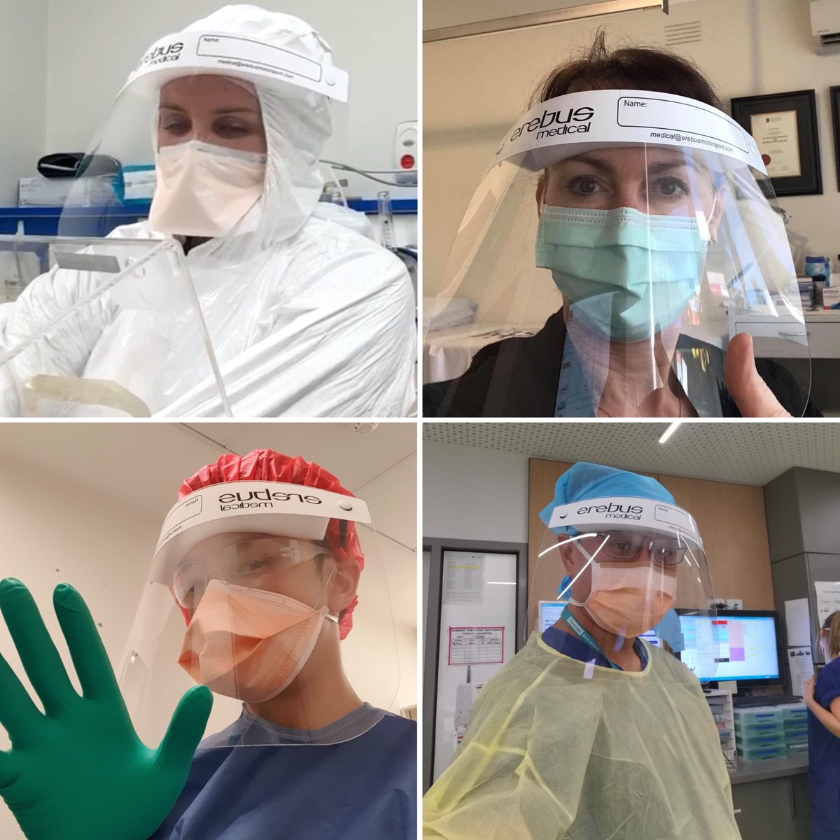Dr_Carl's tweet photo. We’ve sent ~10,000 “Erebus e-Shields” face shields across Australia now. They are gifts. Rewarding to know they’re wanted &amp; being used to protect #HCWs Here are a few of the photos being sent back to us https://t.co/l5WzjKWzTu