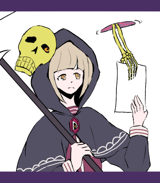 #週一キャラデザ
【ランダムお題】
・仕事
・おとなしい
・フード
骸骨上司と死神部下 