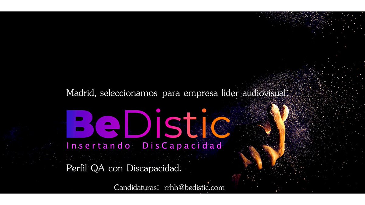 BeDistic_'s tweet photo. BeDistic selecciona un perfil QA con Discapacidad 
para compañía líder europea del sector audiovisual.  Madrid Norte
#insertandodiscapacidad #rrhh #RSC https://t.co/Ttaefzowqu