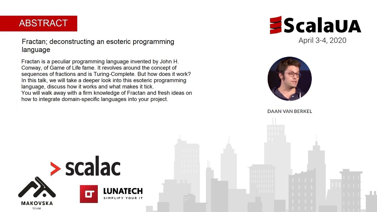 Feel free to watch a video of the talk by Daan van Berkel - Fractan; deconstructing an esoteric programming language
youtu.be/h9hWaFzy2ok
Please share it.
