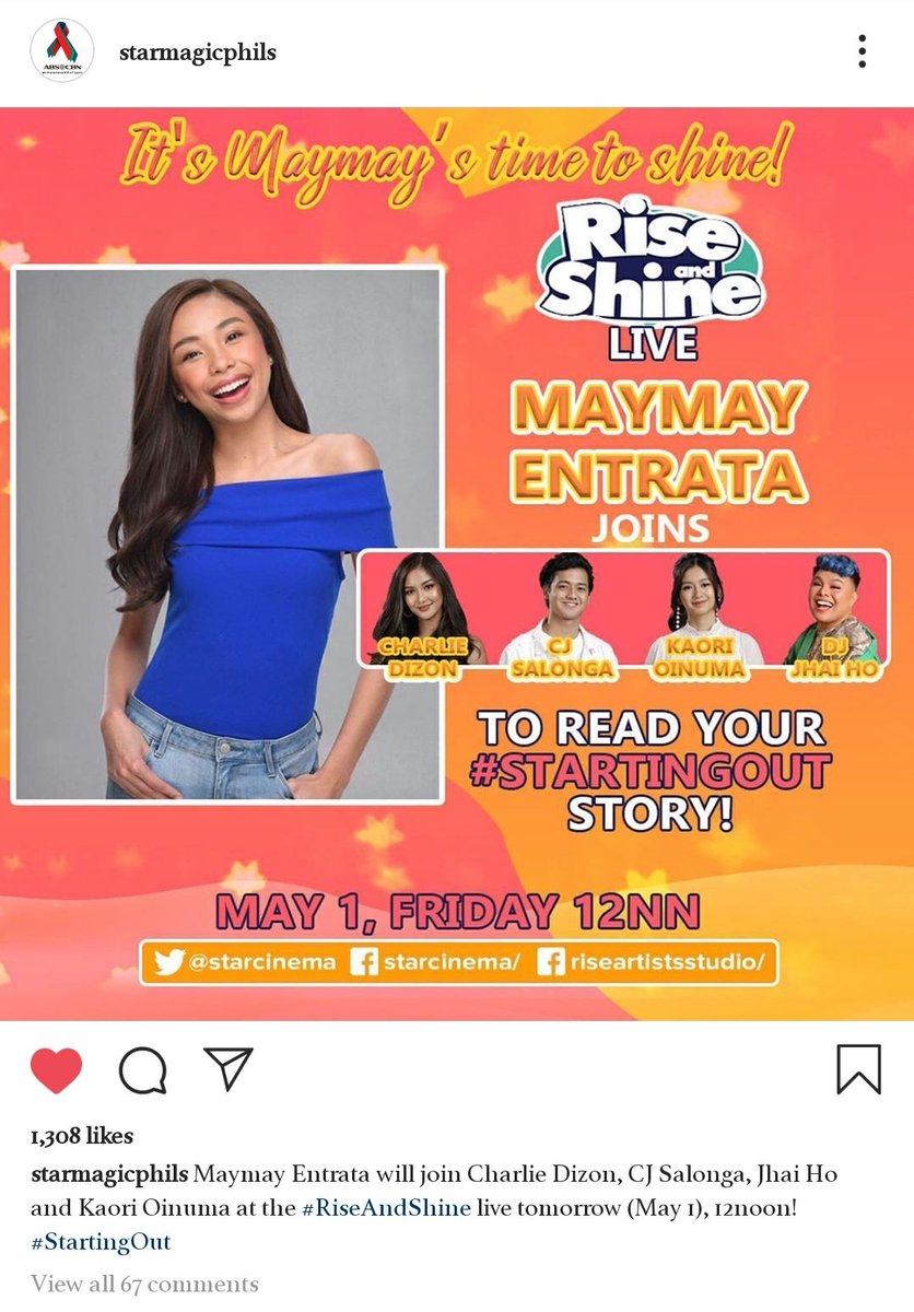 TeamMMEntrata's tweet image. From @starmagicphils IG post:

Maymay Entrata will join Charlie Dizon, CJ Salonga, Jhai Ho and Kaori Oinuma at the #RiseAndShine live tomorrow (May 1), 12noon! #StartingOut

Engage here: instagram.com/p/B_mRkXKArSl

@maymayentrata07 #MaymayEntrata 💚