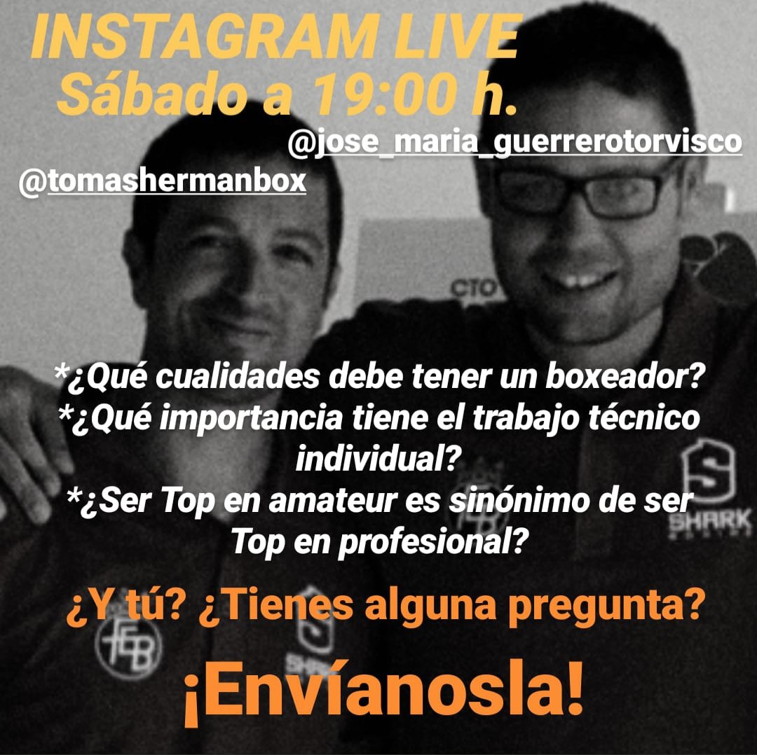 tomashermanbox's tweet photo. ¿Hablamos de Boxeo? Instagram Live el próximo sábado a las 19:00 h. @tomashermanbox @jose_maria_guerrerotorvisco #boxeo #boxing #córdoba #formación #curso #tecnificación #entrenador #análisis #boxingcoach #boxingtechnification #boxinganalysis #boxingstudio #ComprendeyAprende https://t.co/j3AfKzWOoO