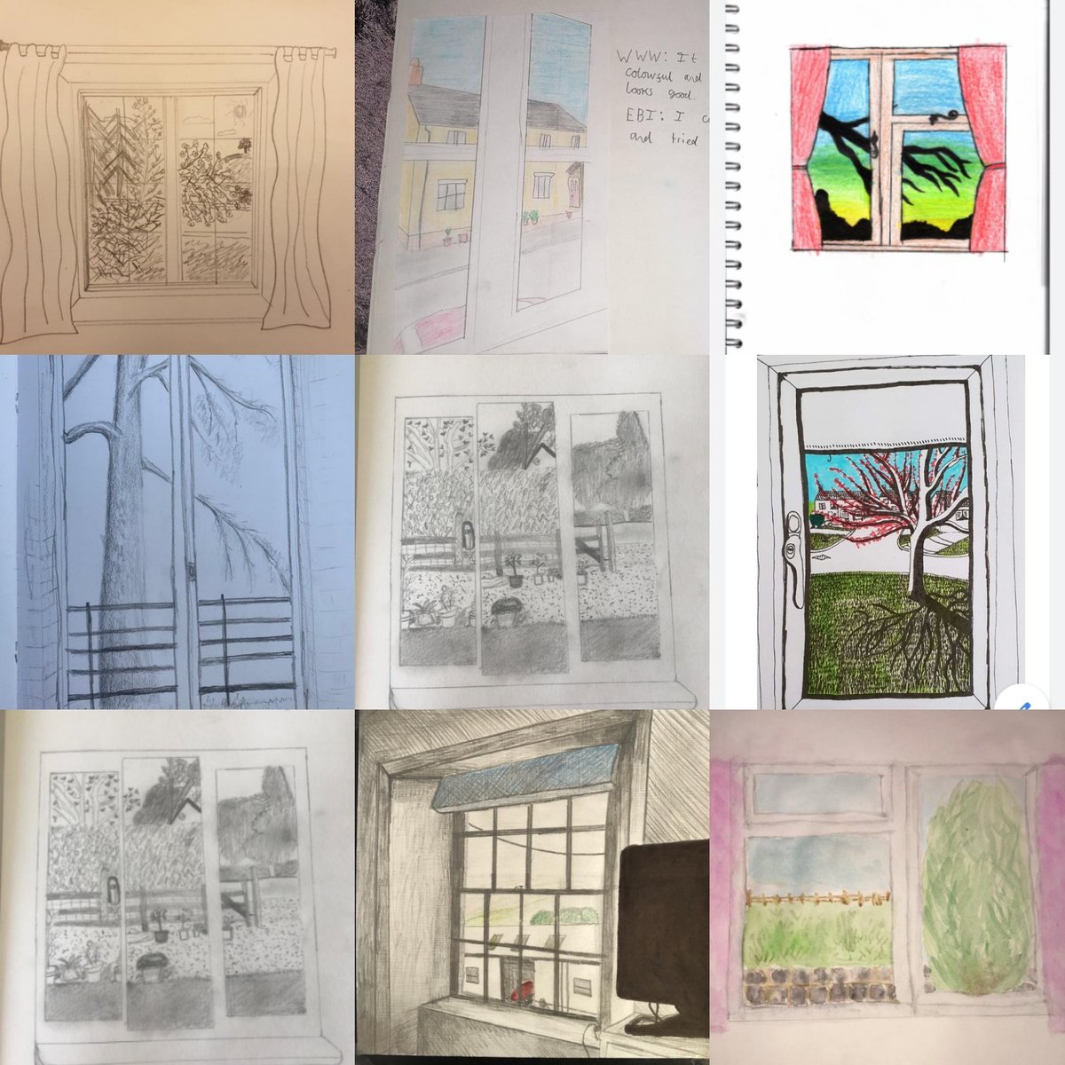 A small selection of Year 8 work produced during lockdown - 'a view through a window'.