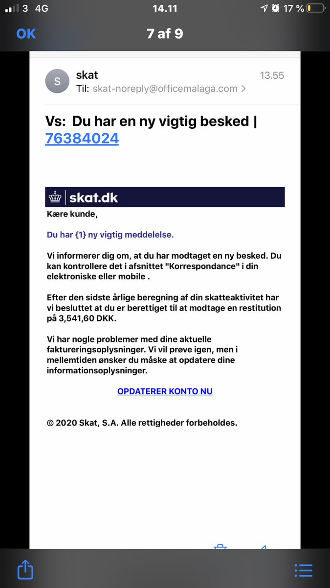 auanwi's tweet photo. Phishingmails er oppe på 3.klasses sprogbrug. Alle i nationens kommentarspor er nu i risikozonen. https://t.co/0zOdA9xiMI