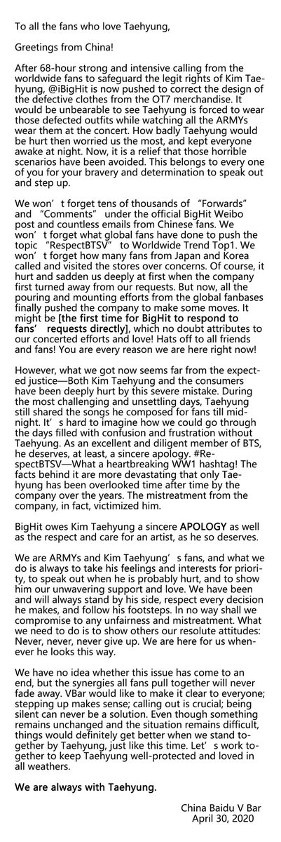 KIMTAEHYUNGBAR_'s tweet photo. Glad that Bighit redesigned the defected merchandise. This wouldn’t happen without each of you and your unwavering efforts! But the mistreatment had deeply hurt Taehyung and fans. Once again we call on @bts_bighit to make an official apology.

#ApologizeToBTSV
#RespectBTSV https://t.co/Srbwkanj8m