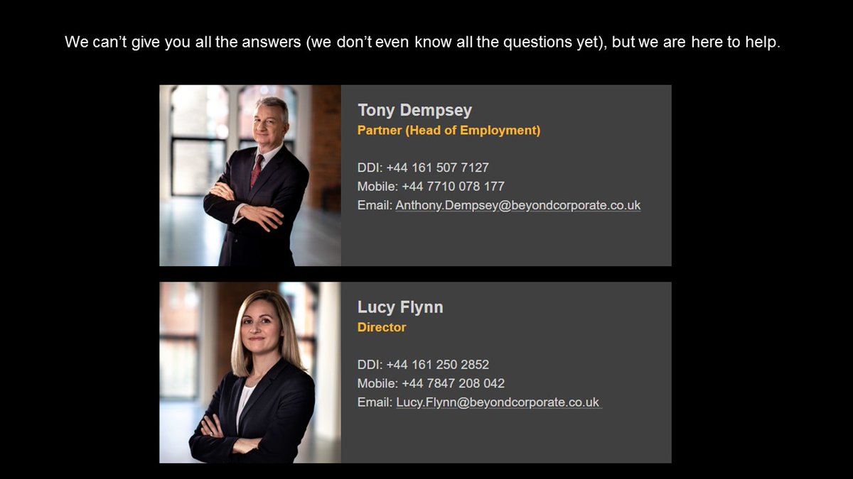 BeyondCorpLaw's tweet photo. Beyond the #furlough: our expert #Employment team is here to help #employers navigate their way through the issues. Please get in touch with @TonyDempsey1961 📧anthony.dempsey@beyondcorporate.co.uk 📞07710 078177 or 📧lucy.flynn@beyoncorporate.co.uk 📞07847 208042 #UKlockdown https://t.co/ED2Giud0Yz