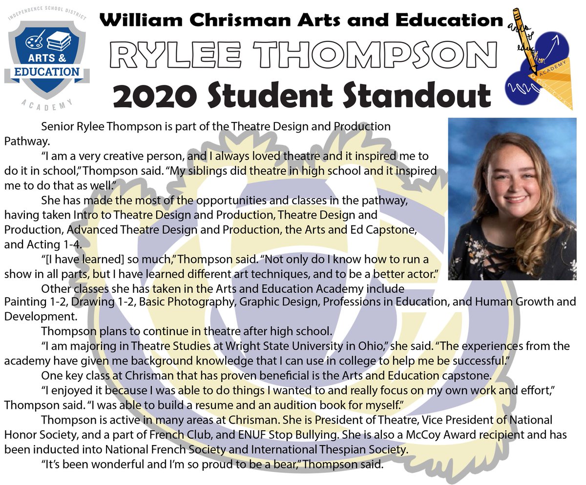 Day 30 - We want to recognize our students while we're away. Instead of a Student of the Month, we are going to release a Student Spotlight each day. They represent a variety of pathways/grade levels. We are proud to spotlight our great students. 
Today: Rylee Thompson