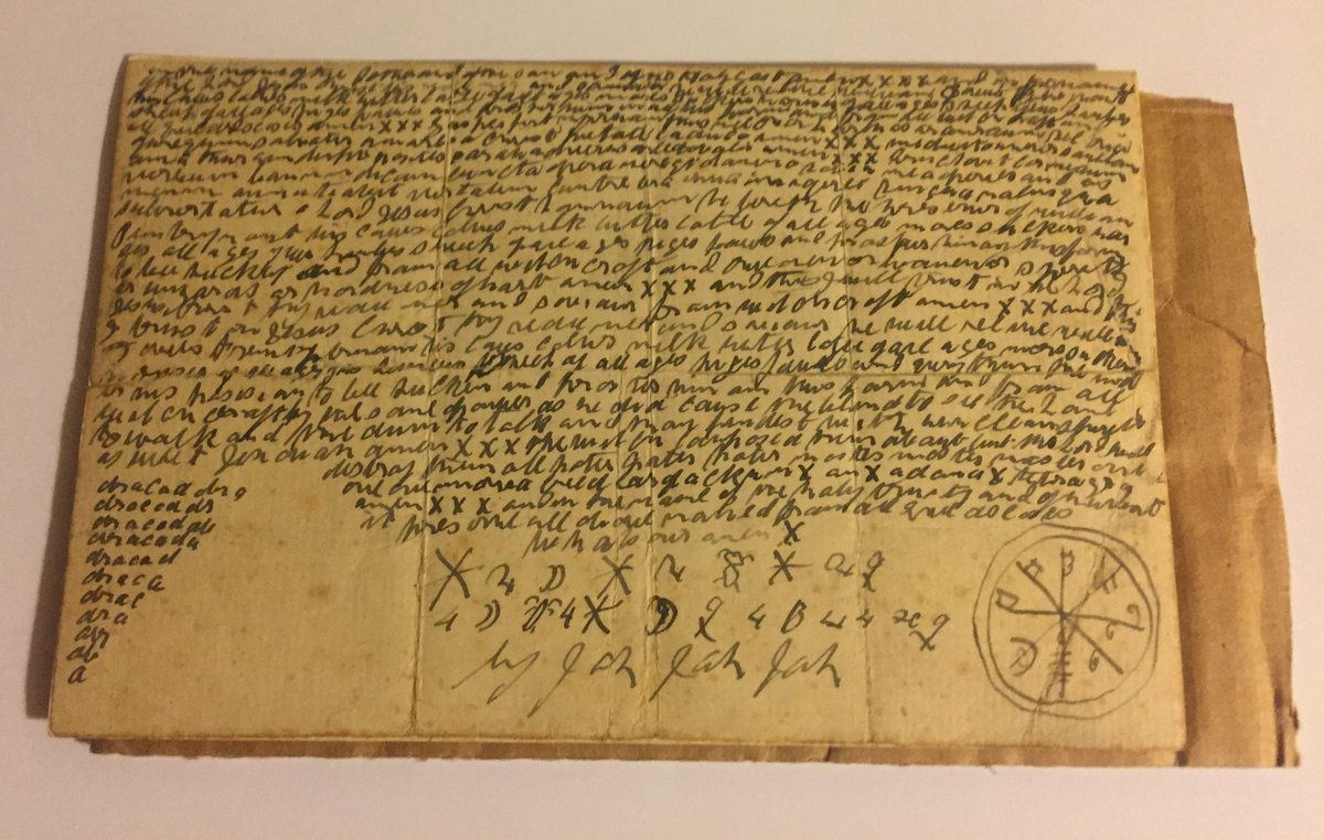 NotBBCSportsGuy's tweet photo. In 1920, my great grandfather was demolishing a cowshed on a farm in Montgomeryshire, Wales.

Under a slab, he found a stone bottle - inside which was this written charm.

These charms were used to rid land of any ills that befell it.

#FolkloreThursday https://t.co/46mauMl3RP