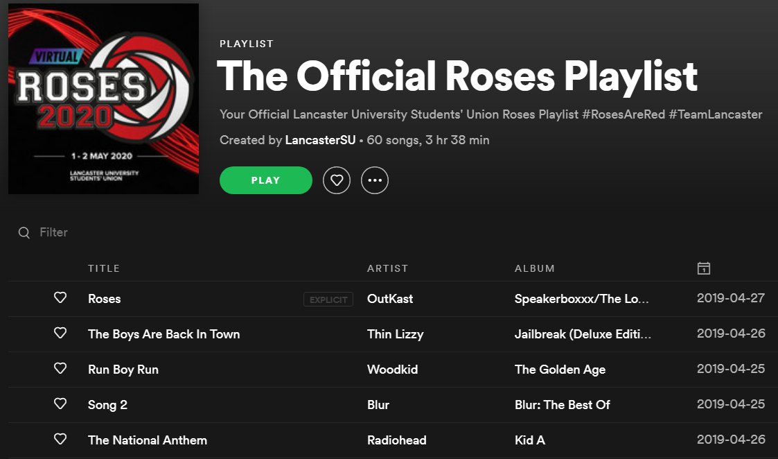 LancasterUni's tweet photo. The Official #Roses2020 🌹Playlist is getting us in the groove for tomorrow's #VirtualRoses ❤️ 🎧🎶🎸🕺
👉Head to Spotify and search 'LancasterSU' https://t.co/DRIvU8vGuI