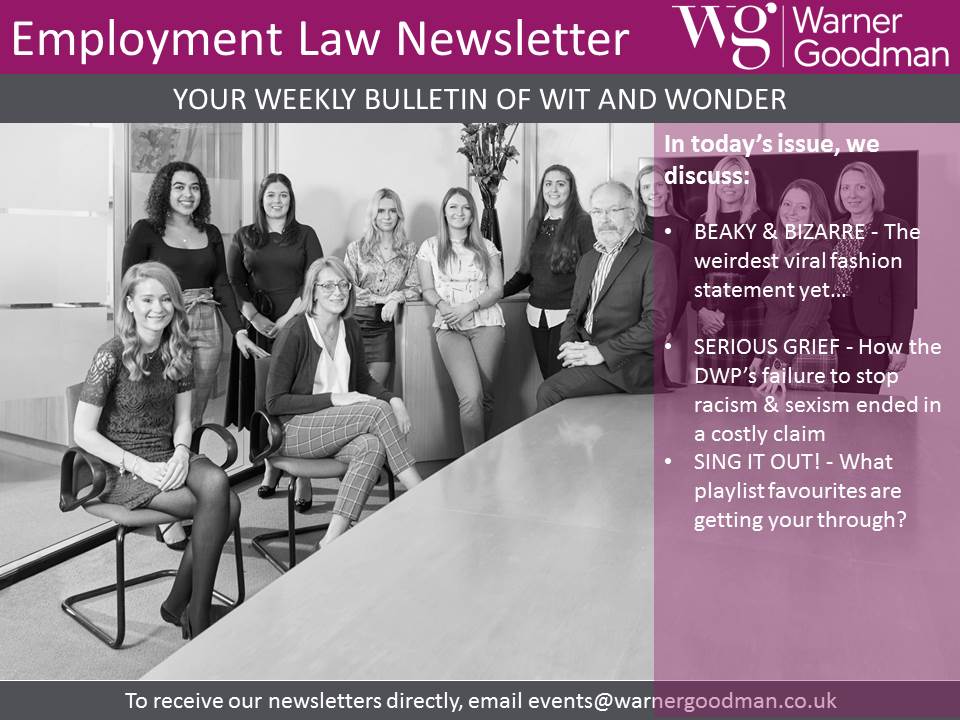 Warner_Goodman's tweet photo. In today’s #employmentlaw Newsletter we discuss a case of racial and age discrimination due to a lack of training. We also discuss some distancing outfit ideas of our own as well what songs are on our lockdown playlist; head over to our website to read; https://t.co/MDT11ROb9k https://t.co/kqhneJDa9a